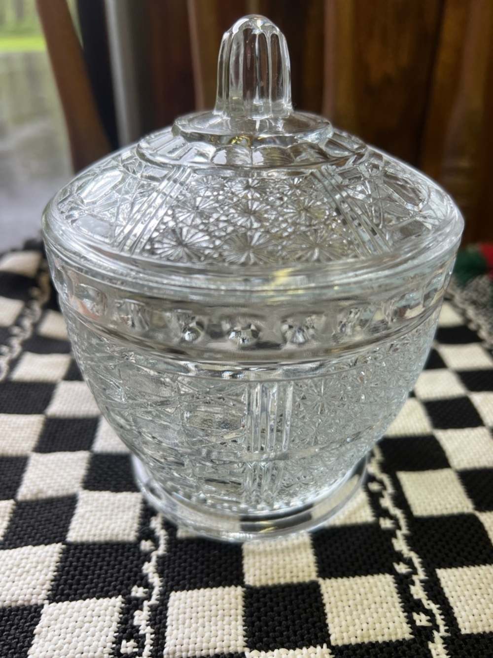 Cut Vintage Glass Covered Trinket Dish - Clear Candy Dish Pressed Pattern